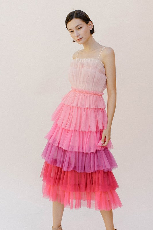 ELLA TIERED MIDI DRESS IN PINK