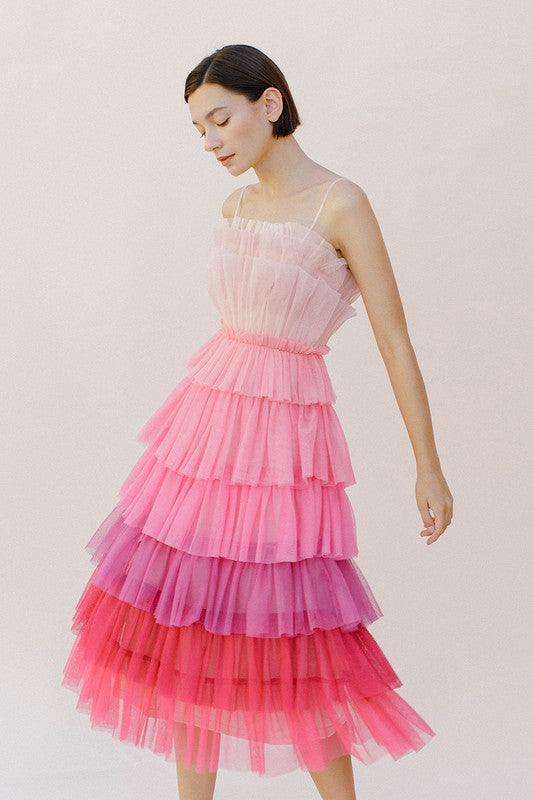ELLA TIERED MIDI DRESS IN PINK