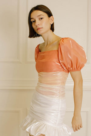 STELLA RUCHED MINI DRESS IN PEACH