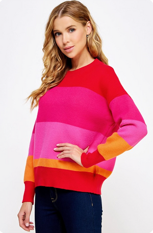 VALERIE COLOR BLOCK STRIPED SWEATER IN FUCHSIA MULTI