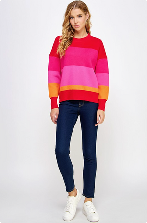VALERIE COLOR BLOCK STRIPED SWEATER IN FUCHSIA MULTI