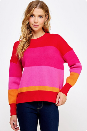 VALERIE COLOR BLOCK STRIPED SWEATER IN FUCHSIA MULTI