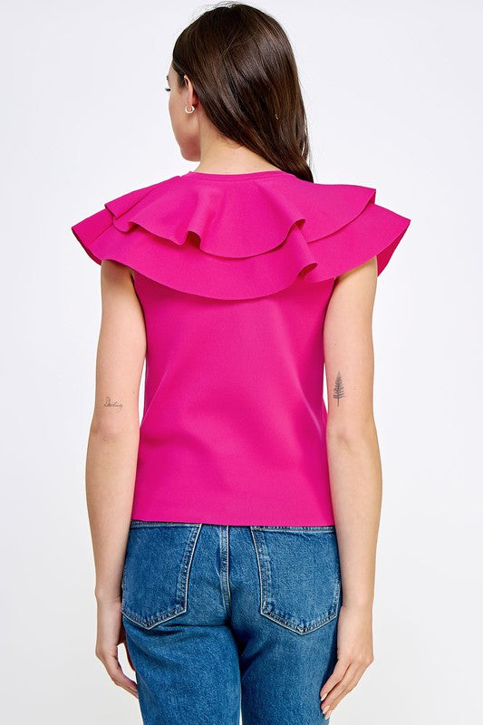 DEXTER DOUBLE RUFFLE KNIT TOP IN FUCHSIA