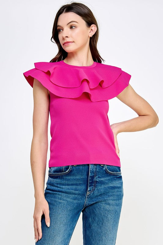 DEXTER DOUBLE RUFFLE KNIT TOP IN FUCHSIA