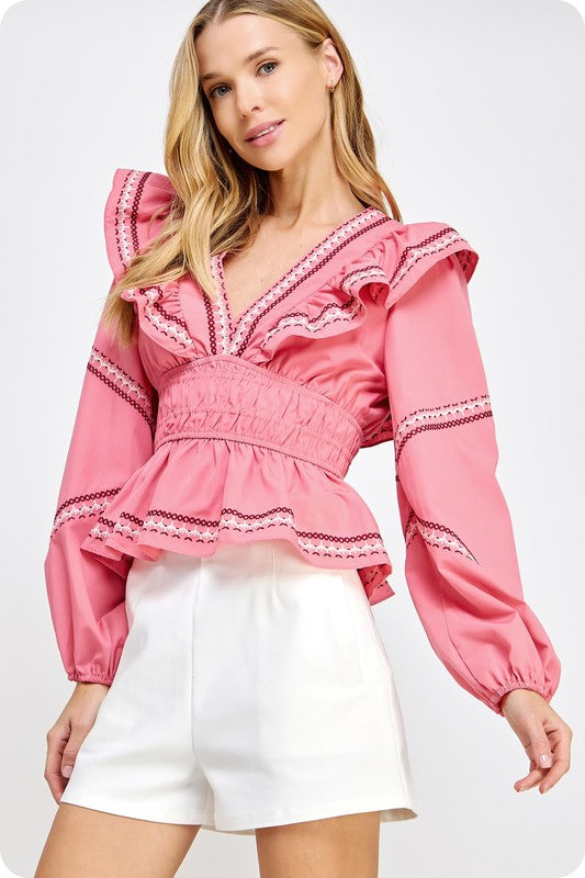 KELLER RUFFLE TOP IN TEA ROSE