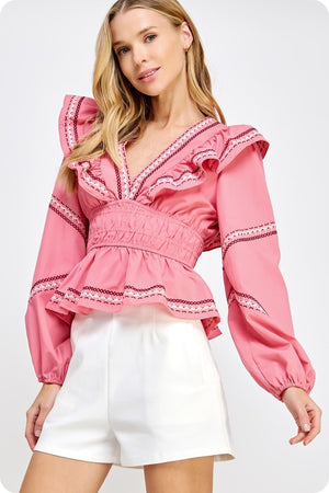 KELLER RUFFLE TOP IN TEA ROSE