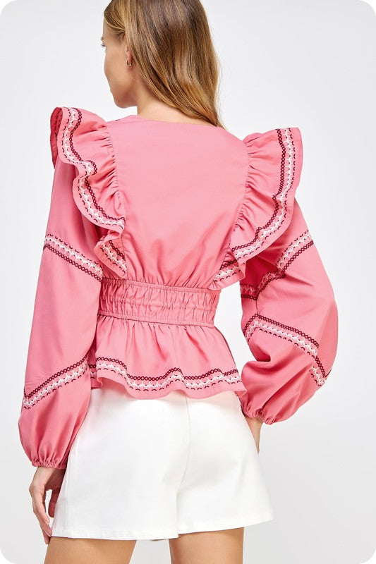 KELLER RUFFLE TOP IN TEA ROSE