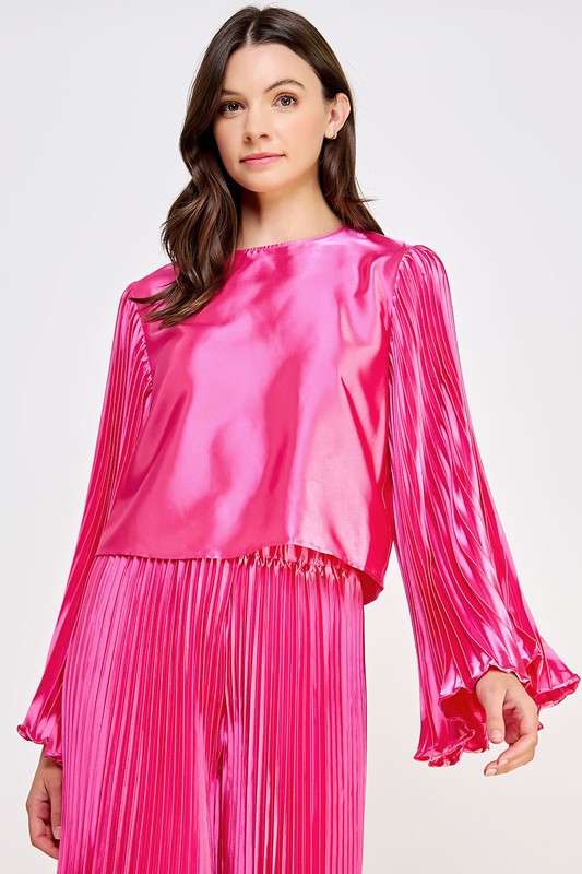 LEIGH SATIN PLEATED TOP IN HOT PINK