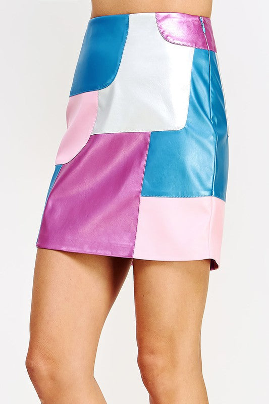 MONA PATCHWORK MINI SKIRT IN PINK AND BLUE