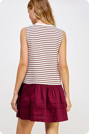 NOLEN MIXED MEDIA STRIPE KNIT MINI DRESS IN BURGUNDY STIPE