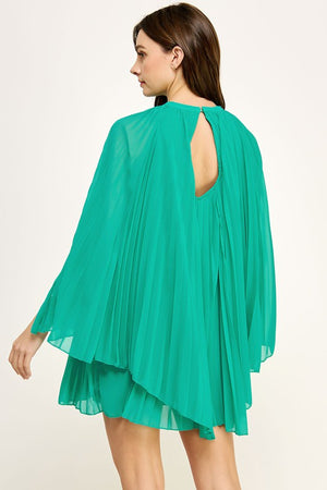EVANS PLEATED CAPE MINI DRESS IN TURQUOISE