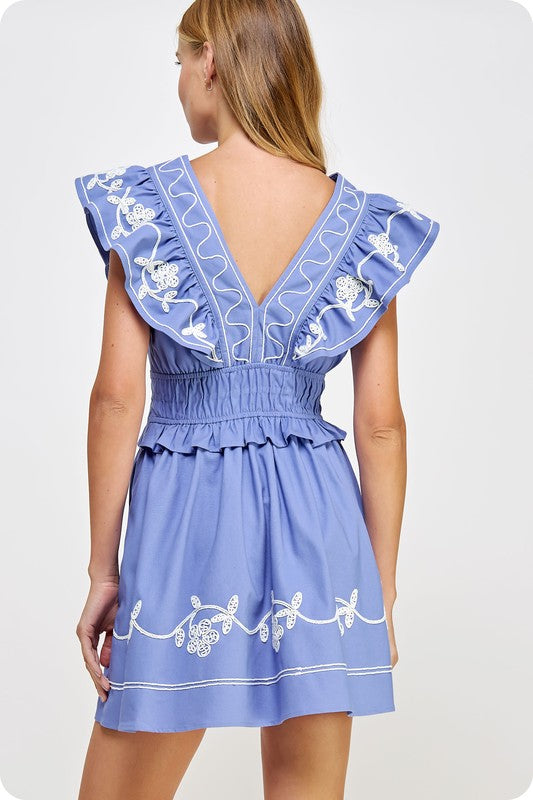 SIENNA EMBROIDERED RUFFLE MINI DRESS IN PERIWINKLE BLUE