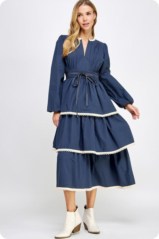 SIMS POPLIN MIDI DRESS IN NAVY