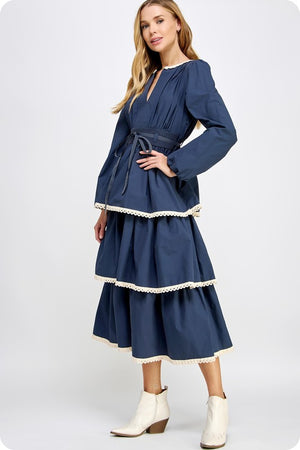 SIMS POPLIN MIDI DRESS IN NAVY