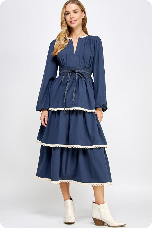 SIMS POPLIN MIDI DRESS IN NAVY