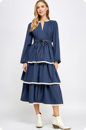 SIMS POPLIN MIDI DRESS IN NAVY