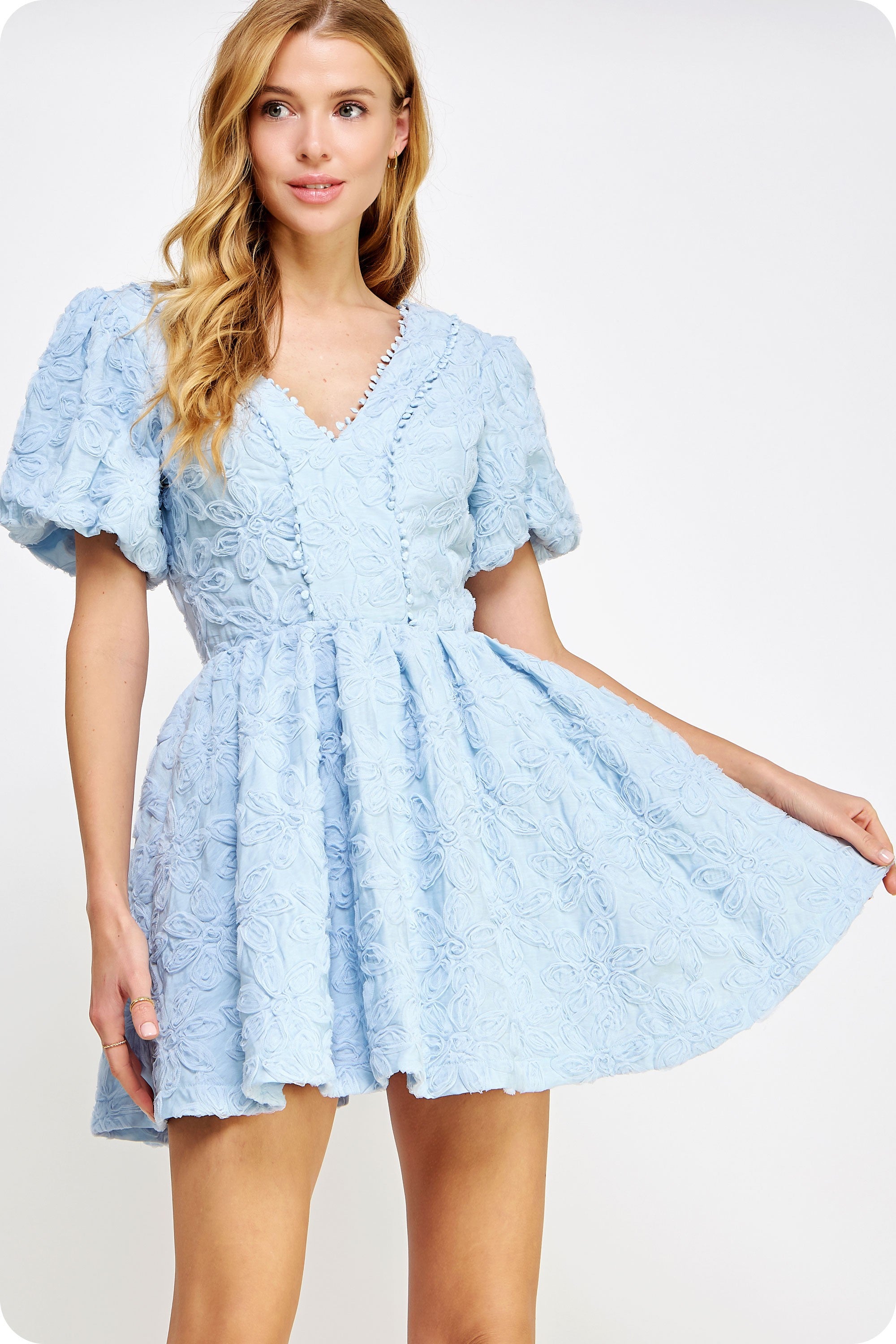MINCY TEXTURE TULLE MINI DRESS IN AIRY BLUE
