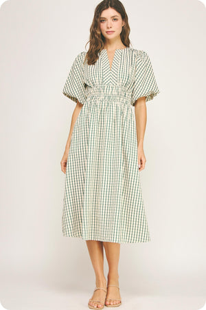 PLAID ELASTIC WAIST MIDI DRESS IN OATMEAL EMERALD