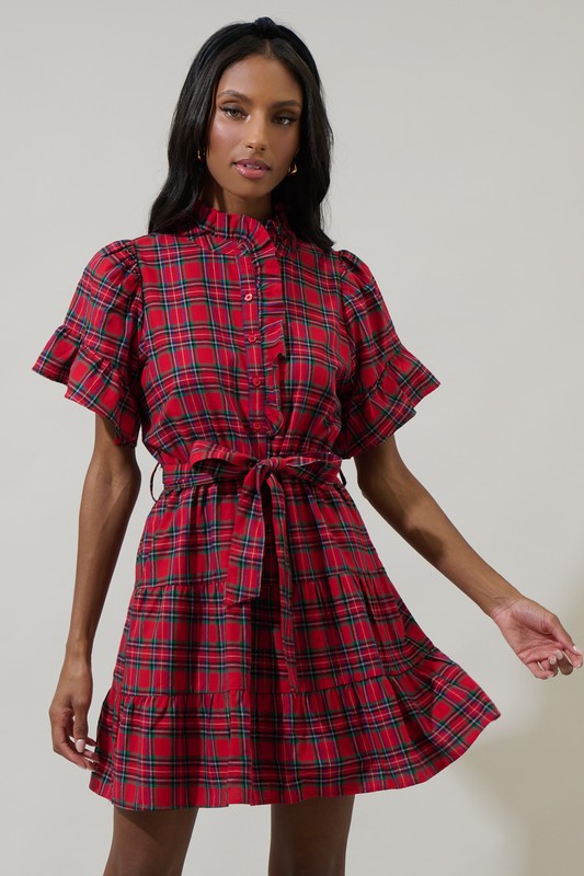 CLEMENTINE PLAID MINI DRESS IN RED