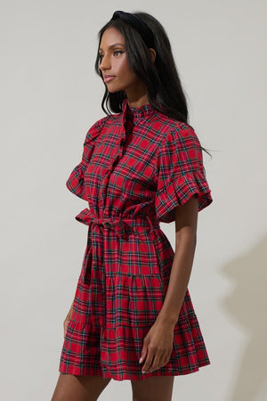 CLEMENTINE PLAID MINI DRESS IN RED