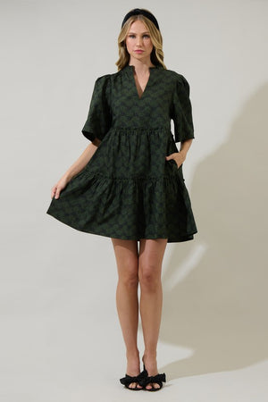 IVY TIERED MINI DRESS IN HUNTER GREEN