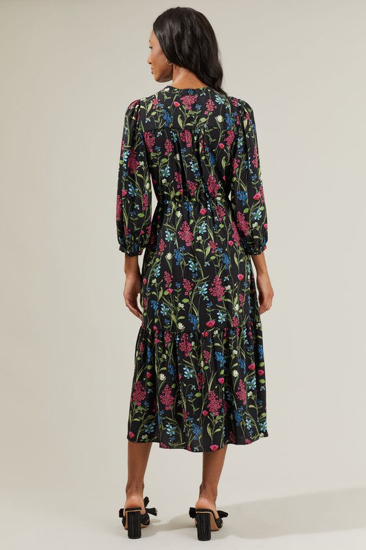 MADELINE FLORAL MIDI DRESS IN BLACK