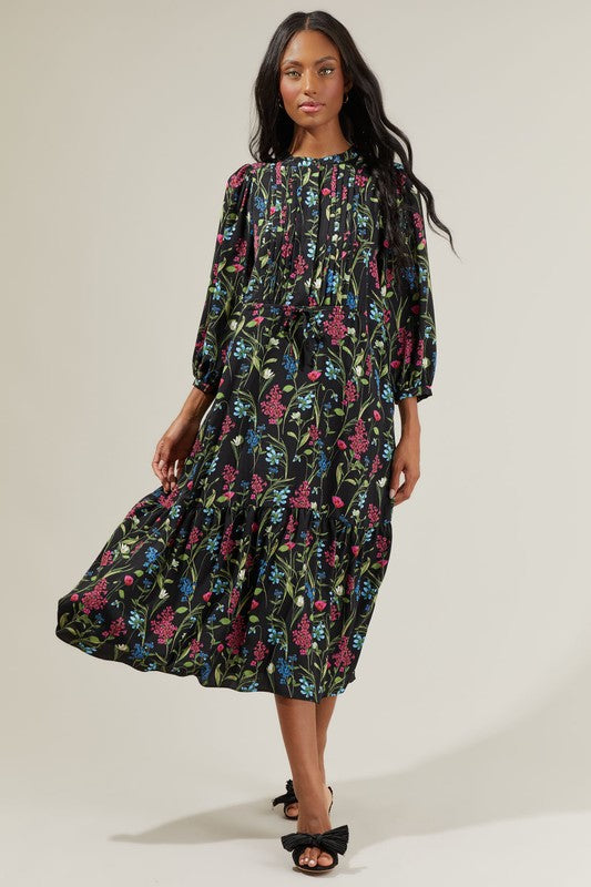 MADELINE FLORAL MIDI DRESS IN BLACK