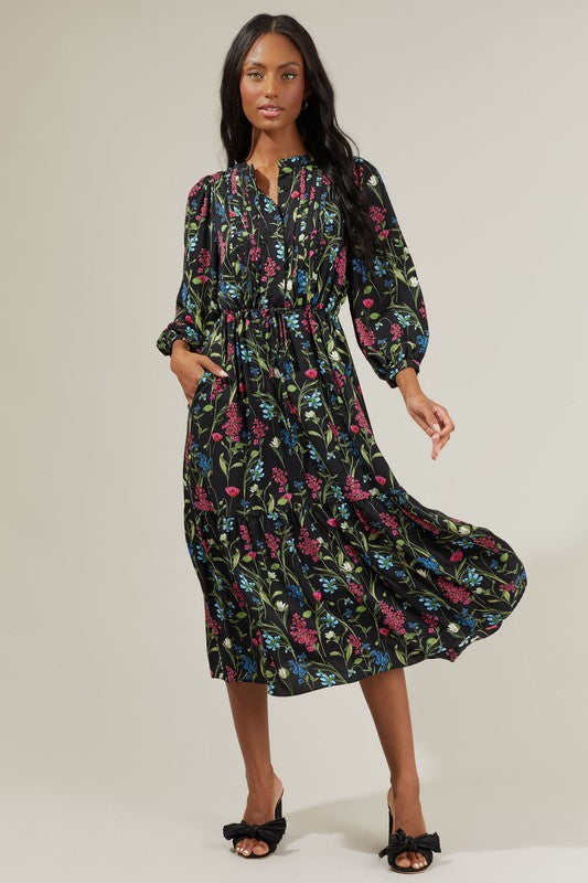 MADELINE FLORAL MIDI DRESS IN BLACK