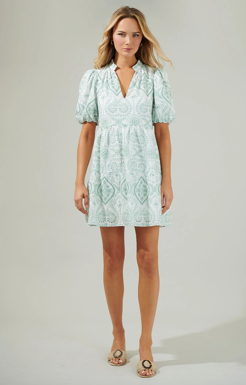 MAEVE EMBROIDERED PAISLEY MINI DRESS IN GREEN