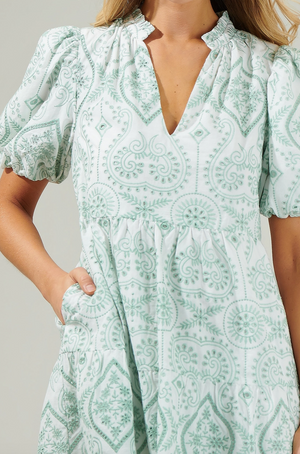 MAEVE EMBROIDERED PAISLEY MINI DRESS IN GREEN