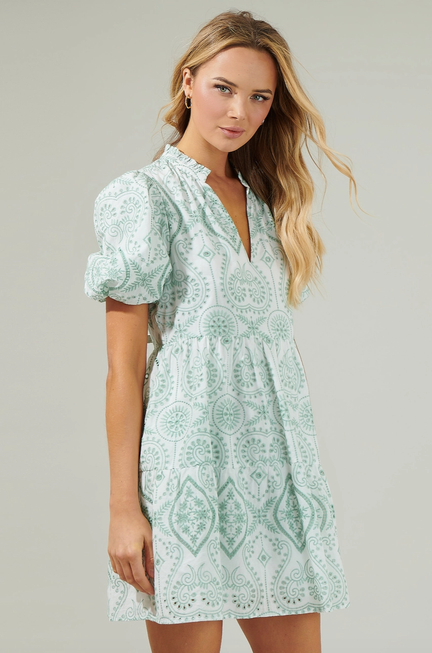 MAEVE EMBROIDERED PAISLEY MINI DRESS IN GREEN