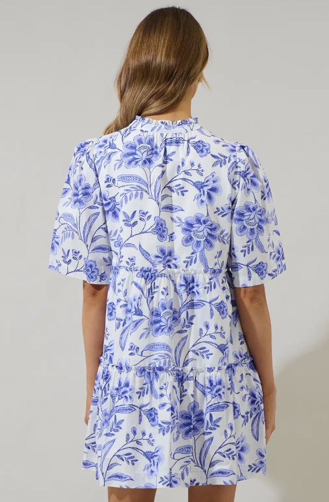 MAEVE FLORAL DIXIE SPLIT NECK SHIFT DRESS IN COBALT