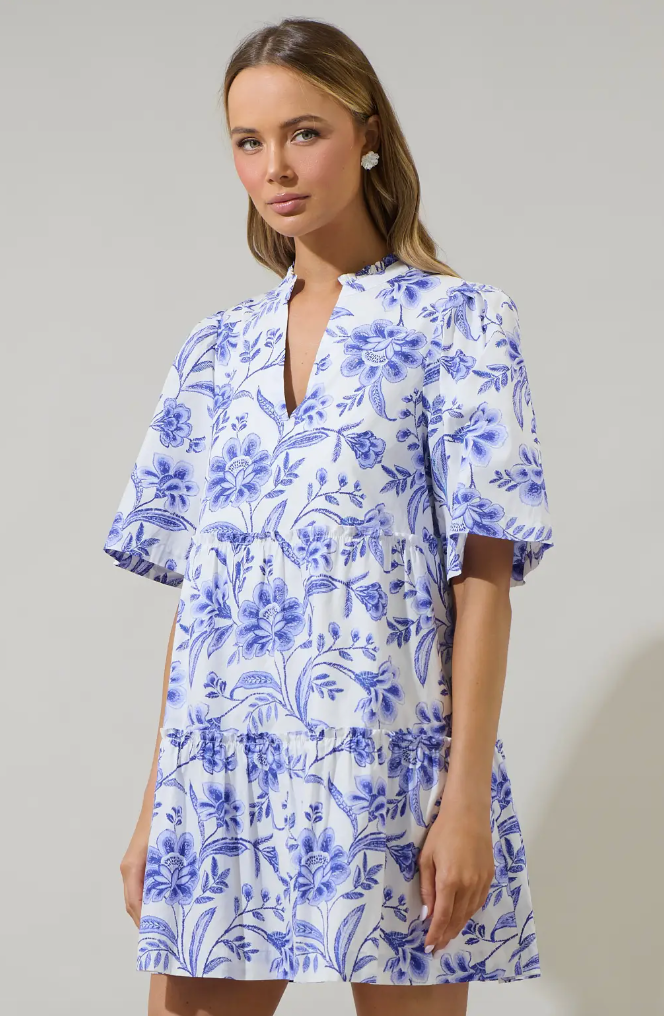 MAEVE FLORAL DIXIE SPLIT NECK SHIFT DRESS IN COBALT