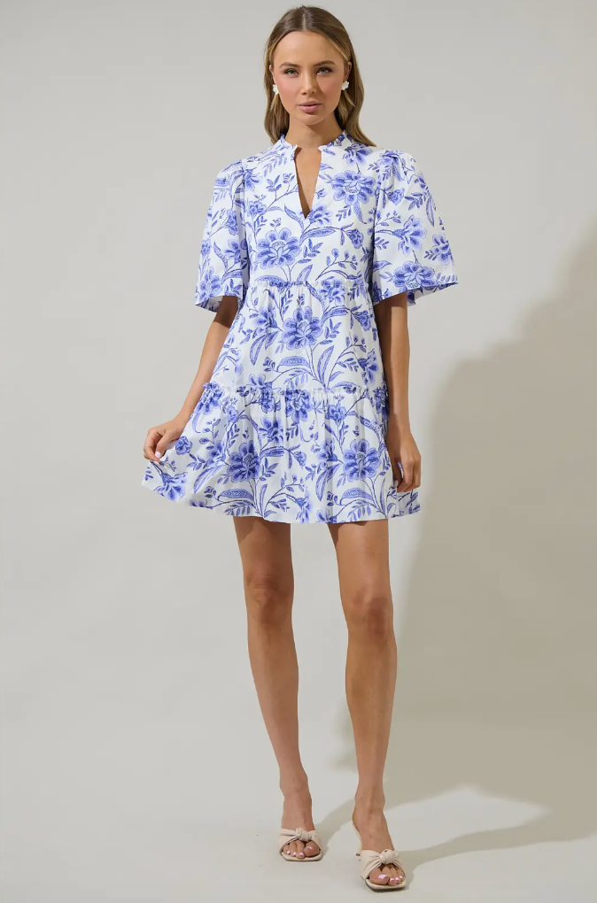 MAEVE FLORAL DIXIE SPLIT NECK SHIFT DRESS IN COBALT
