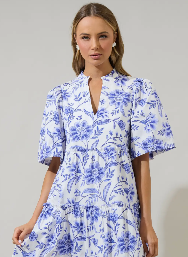 MAEVE FLORAL DIXIE SPLIT NECK SHIFT DRESS IN COBALT