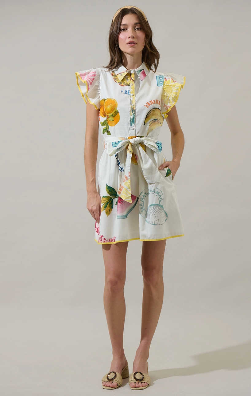 MAIA RUFFLE MINI DRESS IN ISLAND PRINT: AVAILABLE IN PLUS SIZE