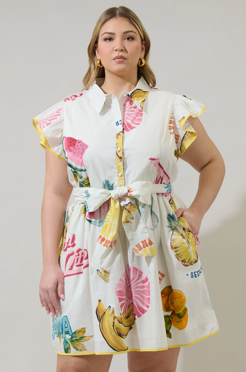 MAIA RUFFLE MINI DRESS IN ISLAND PRINT: AVAILABLE IN PLUS SIZE