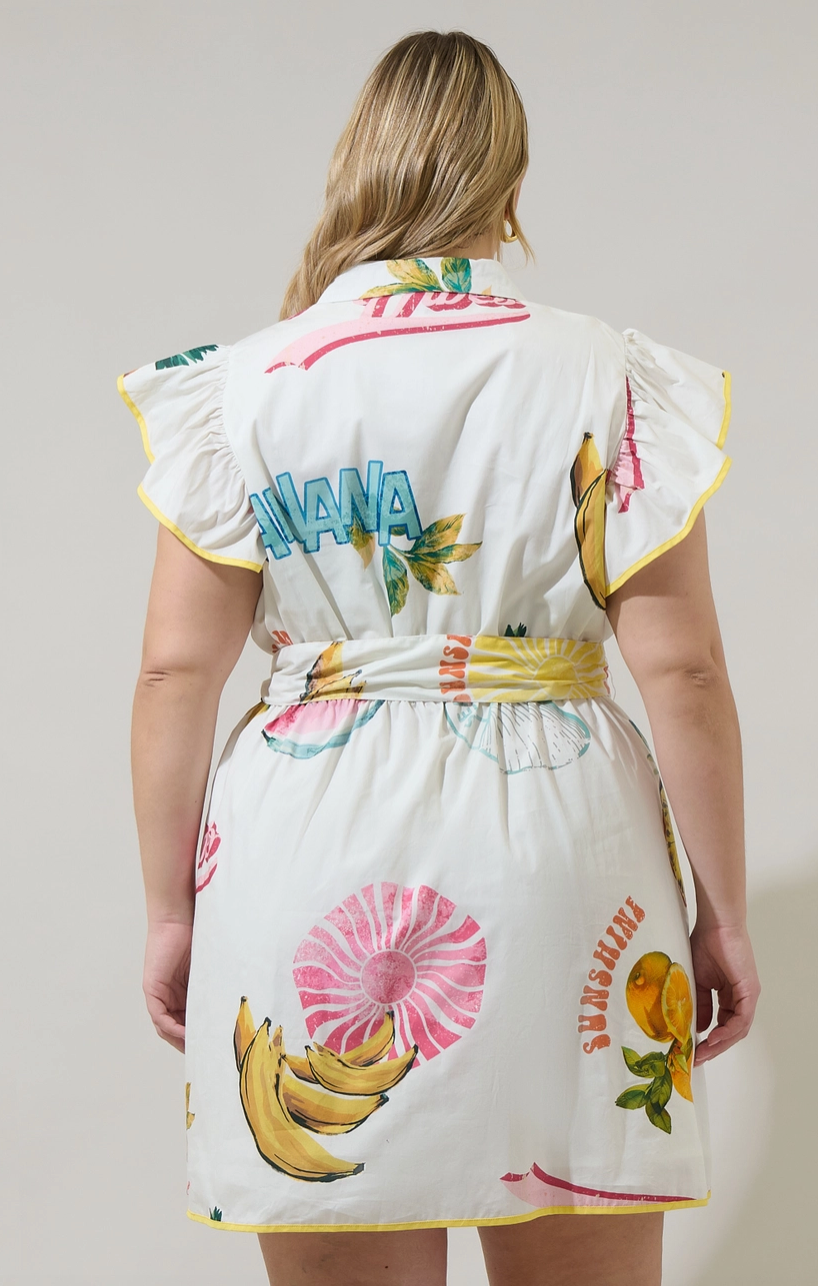 MAIA RUFFLE MINI DRESS IN ISLAND PRINT: AVAILABLE IN PLUS SIZE