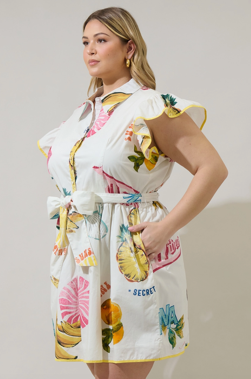 MAIA RUFFLE MINI DRESS IN ISLAND PRINT: AVAILABLE IN PLUS SIZE