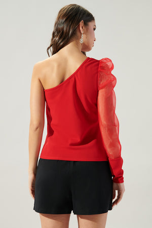 MERI ORGANZA ONE SHOULDER TOP IN RED