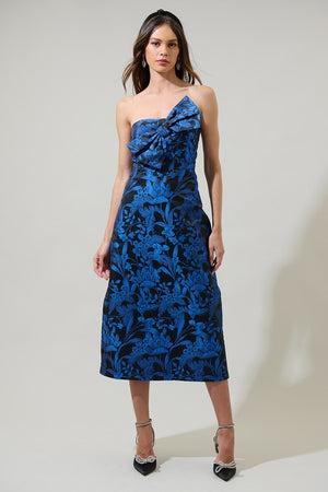 VERNONIA JACQUARD BOW MIDI DRESS IN COBALT