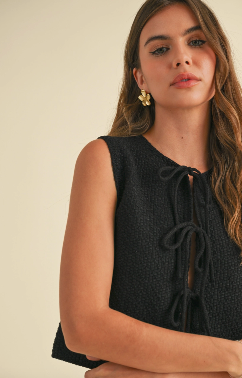 FRANCINE KNITTED TIE FRONT VEST IN BLACK