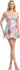 Woman wearing a colorful off-shoulder dress on a white background