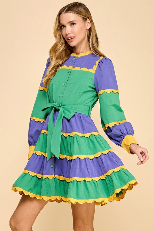 ENDY TIERED MINI DRESS IN PURPLE GREEN AND GOLD