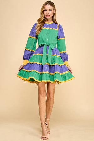 ENDY TIERED MINI DRESS IN PURPLE GREEN AND GOLD