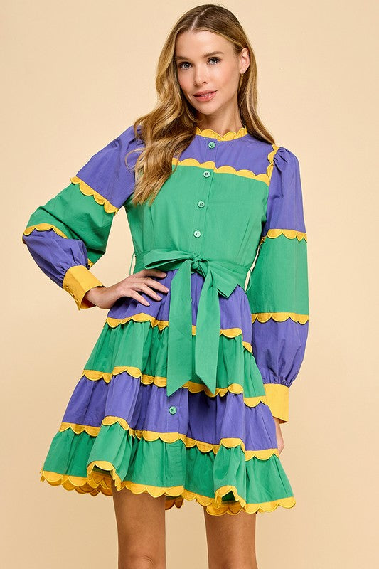ENDY TIERED MINI DRESS IN PURPLE GREEN AND GOLD