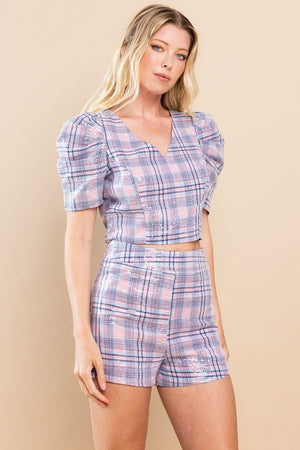 FANNIE PLAID SEQUIN CROP TOP IN PINK AND BLUE