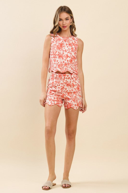 FLORAL PRINT SCALLOP SET IN ORANGE