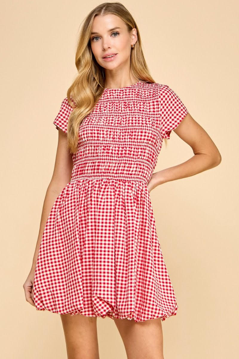 GINGHAM SMOCKED BODICE SHORT SLEEVE DRESS IN RED