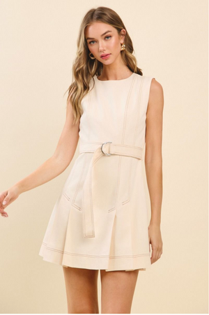 SLEEVELESS PLEATED MINI DRESS IN CREAM
